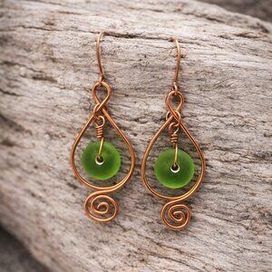 2 for $12 -Stunning copper spiral earrings with beautiful green glass accent